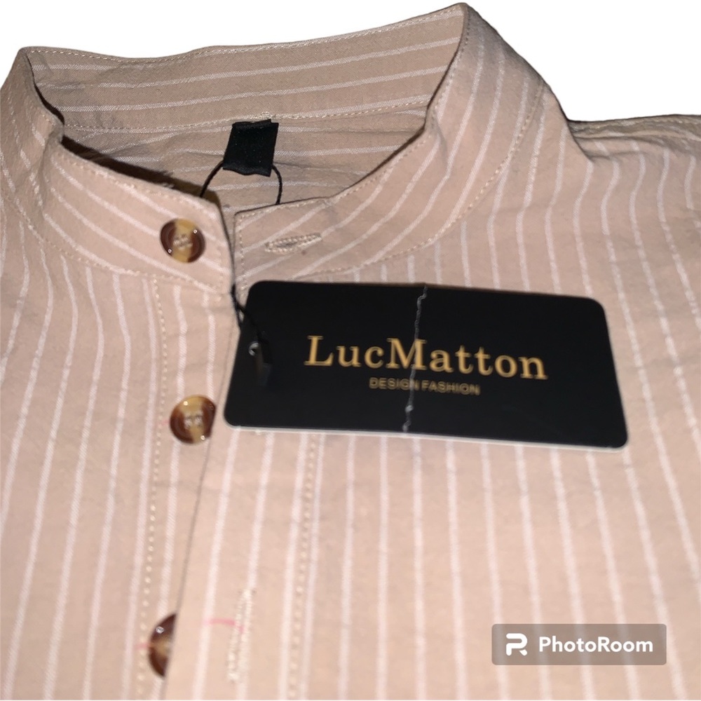 Luc Matton Beige and white pin striped blouse adjustable sleeves small